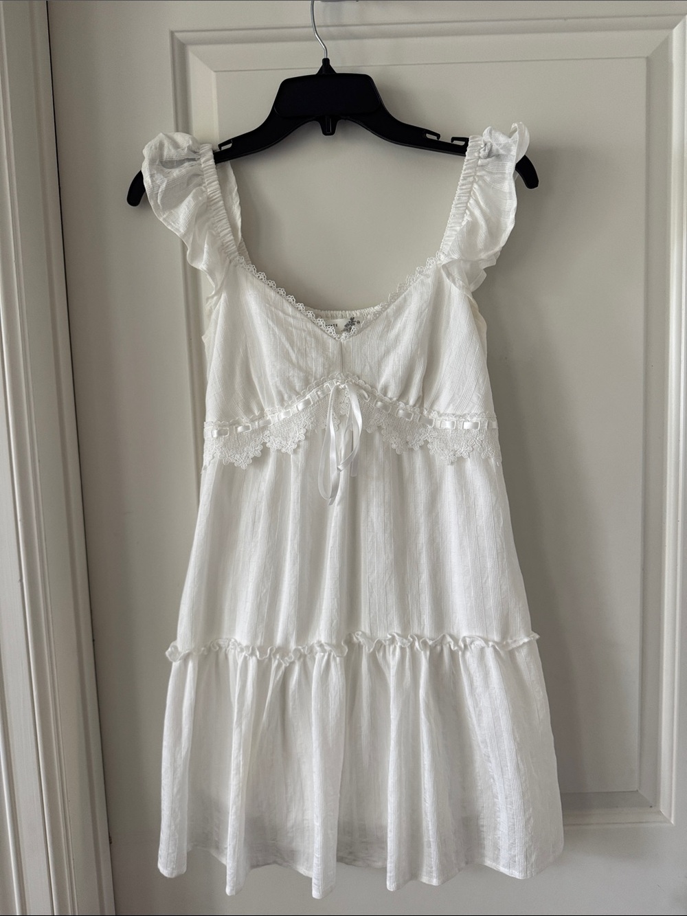Altar'd State White Ruffle-Trim Cotton Slip Dress with Lace Tie